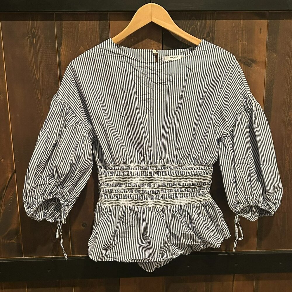 Mango Women Blue Striped Cinched Waist Pure Cotton Top Size M